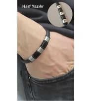 Siyah Deri Bileklik Erkek Bileklik Örgü Modeli Klipsli Harf Yazılır