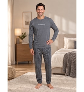Falkom 5801 İnterlok Kışlık Kalın Kumaşlı Ekose Pijamalı Erkek Ev Pijama Takımı