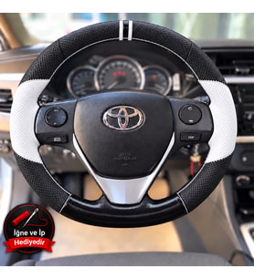 Toyota RAV4 XA40 Dikme Direksiyon Kılıfı Delikli Deri Parlak Siyah Beyaz Detay Çift Yüzük ve Dikiş 2013-2018