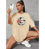 Unisex Kanagawa Oki Nami Ura Baskılı T-shirt (Bej)