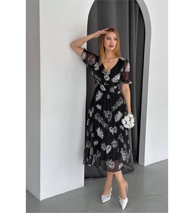 Neşeli butik kadın siyah yeni sezon piliseli yazlık şifon elbise NBQ005