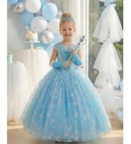 Kız Çocuk Kostüm Mavi Elsa Frozen   Düşük Omuz Detaylı Kasnaklı Kabarık Elsa Kostüm 3-8 Yaş