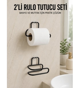 2’li Yapışkanlı Tuvalet Kağıdı Tutucu Siyah Metal Duvar Tipi Rulo Kağıtlık