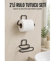 2’li Yapışkanlı Tuvalet Kağıdı Tutucu Siyah Metal Duvar Tipi Rulo Kağıtlık