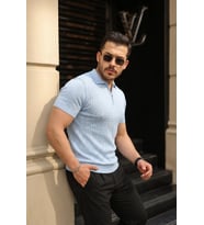 Erkek Örgü Desen Fermuar Yakalı Triko Tişört
