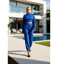 Kadın Moda Şık Regular Boy Uzun Kollu Süper Crop Jogger Pantolonlu Triko Alt-Üst Takım