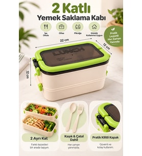 2 Katlı Yemek Saklama Kabı 1800 ml Kaşık Çatal Dahil Kilitli