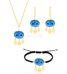 Gümüş altın yaldızlı süryani nazar boncuğu kolye küpe ve bileklik üçlü set SGTL11656GOLD