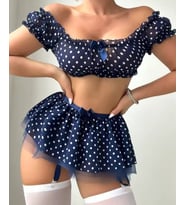 Jessica Lacivert Puantiyeli Latin Kadın Büstiyer Jartiyer Takım (Çorapsız)-0135