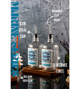 1 Litre Ahşap Standlı Şeffaf Zeytinyağı ve Ayçiçek Yağı Şişesi