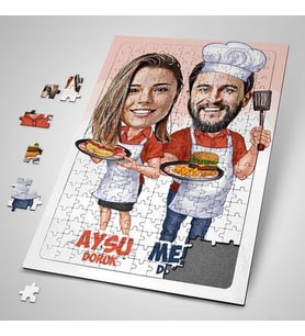 Sevgiliye Hediye Kişiye Özel Aşçı Sevgililer Karikatürlü Puzzle