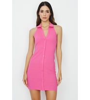Kadın Vücuda Oturan Polo Yaka Mini Fitilli Esnek Örme Elbise (Pembe)
