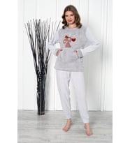 Fawn 04-3301 Peluş Welsoft Polar Kışlık Yumoş Geyikli Kadın Pijama Takımı (Gri)