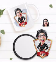 BK Gift Kişiye Özel Kadın Pilot Karikatürlü Beyaz Kupa ve Ahşap Bardak Altlığı Hediye Seti-1