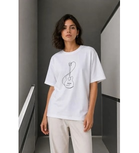 Minimal Gitar Baskılı Tişört T-Shirt Yazlık Kısa Kol Bisiklet Yaka T-Shirt - Beyaz