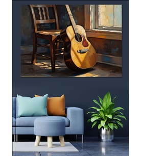 Pencere Kenarında Yaslanmış Klasik Gitar Dekoratif Kanvas - Mdf Ahşap Tablo