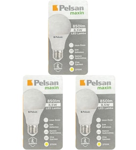 (3 Adet) Pelsan 8,5W 2700K (Sarı Işık) E27 Duylu (Kalın Duy) Led Ampul