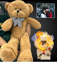 Kişiye Özel Led Işıklı Fotoğraflı Ayıcık Buketi ve Büyük Boy 80cm Kahverengi Peluş Ayıcık (Model 5)