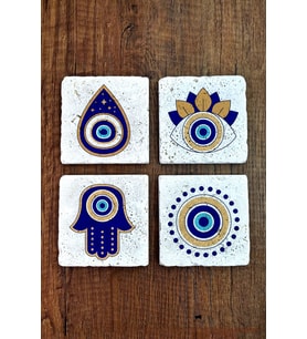 Doğal Taş Bardak Altlığı 4'lü Set 10x10x1 cm Nazar Boncuğu Desenli - EvilEye Stone Coasters 355