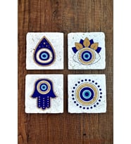 Doğal Taş Bardak Altlığı 4'lü Set 10x10x1 cm Nazar Boncuğu Desenli - EvilEye Stone Coasters 355