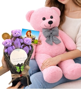 Kişiye Özel Fotoğraflı Aynalı Mor Ayıcık Buketi ve Büyük Boy Peluş Ayıcık Premium Ayıcık Seti (Model 2)