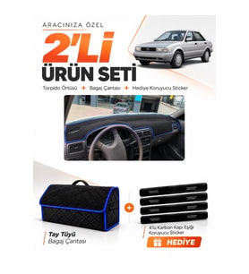 e-biz NİSSAN SUNNY (1990-1995) Uyumlu Torpido Örtüsü + Tay Tüyü Bagaj Çantası - Siyah-Mavi - NI018