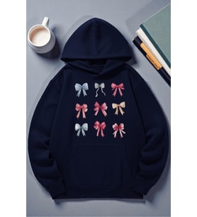 Unisex Renkli Kurdele Baskılı kapüşonlu Sweatshirt (Lacivert)