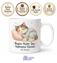 Tembel Üşengeç Uyuyan Kedi Yastık İzi Pijama Terlik Baskılı Porselen Kupa Hediye Bardak