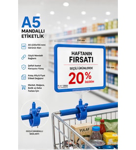 A5 Mandallı Etiketlik Fiyatlık Sepet Raf Askılık Fiyat Etiketi Çerçeveli Market Mağaza Mavi