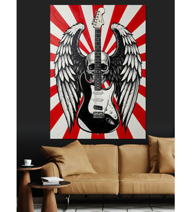 Kanatlı Kurukafa Ve Gitar Rock Konser Posteri Dekoratif Kanvas - Mdf Ahşap Tablo