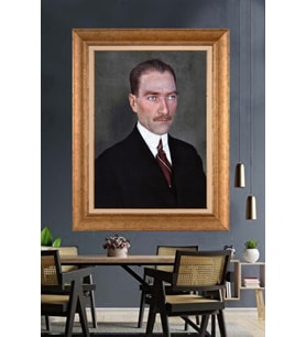 Altın Varaklı Çerçeveli Paspartulu Atatürk Tablo nh484 (Gold)