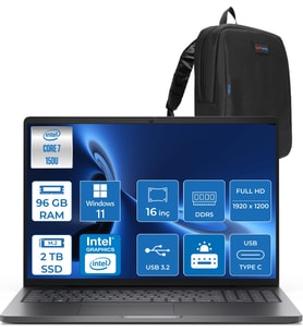 Dell Pro 16 PC16250 Intel Core 7 150U 96GB Ddr5 2tb SSD 16 Fhd+ IPS (1920X1200) 300 Nits WIN11PRO Taşınabilir Bilgisayar. PC16250C7165P29+ZETTAÇANTA