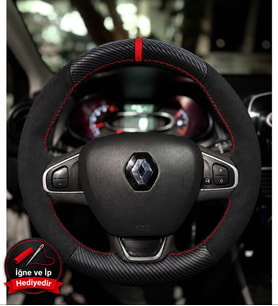 Renault Clio 4 Dikme Direksiyon Kılıfı Alcantara Süet Mat Karbon Kırmızı Yüzük ve Dikiş 2012-2019