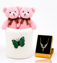 Peluş Saksıda Peluş Ayıcık Buketi ve Mikail Meleği Kolye Kadına Sevgiliye Arkadaşa Hediye Seti