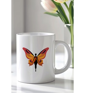 Kelebek Desenli 330ml Baskılı Beyaz Seramik Kupa Bardak