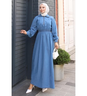 Fermuarlı Beli Lastikli Kot Elbise Açık Kot MSV19240
