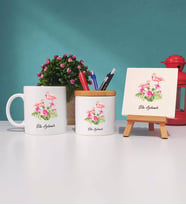 Flamingo Tasarımlı Kişiye Özel Flamingo Kupa Bardak Kalemlik ve Dekoratif Taş Baskı Hediye Seti