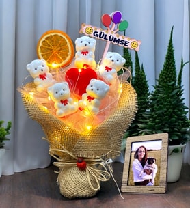 GÜLÜMSE Temalı / Led Işıklı ve Fotoğraflı Tatlı Ayıcıklar Buketi / Premium Hediye