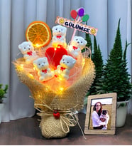 GÜLÜMSE Temalı / Led Işıklı ve Fotoğraflı Tatlı Ayıcıklar Buketi / Premium Hediye