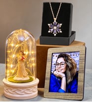Kişiye Özel Fotoğraflı Hediye Seti LED Işıklı Şans Melekli Fanus ve Gerçek Ametist Taşlı Lotus Kolye