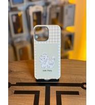 iPhone 14 Pro Max Uyumlu Özel Tasarım Sevimli Figürlü Deri Dokulu Telefon Kılıfı (Bej)