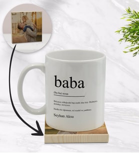 BK Gift Kişiye Özel Baba Tasarımlı Beyaz Kupa Bardak ve Ahşap Bardak Altlığı Hediye Seti - Model 1