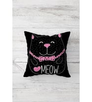 Meow Yazılı Sevimli Kedi Çift Tarafı Baskılı Gizli Fermuarlı Kırlent Koltuk Yastık Kılıfı (Siyah)