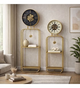 2'Lİ Gold Metal Çark Mekanizmalı Saatli Dekoratif Raf Ünitesi