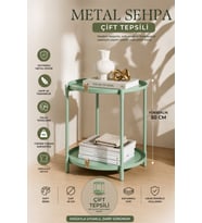 Katlanır Orta Yan Yuvarlak Sehpa Metal Ayak 44 cm Tepsi Deri Kulplu