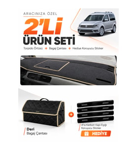 e-biz VOLKSWAGEN CADDY (2015-2021) Uyumlu Torpido Örtüsü + Deri Bagaj Çantası - Siyah-Bej - VW003