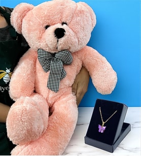 Büyük Boy 80cm Pembe Peluş Ayıcık ve Özel Tasarım Kolye - Premium Hediye Seti (Model 5)