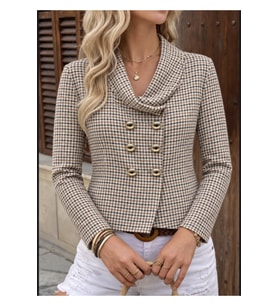 Ekose Desenli Kruvaze Blazer Ceket