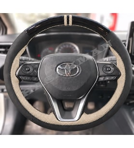 Toyota RAV4 XA50 Dikme Direksiyon Kılıfı Parlak Siyah Bej Detaylı Bej Çift Yüzük ve Dikiş 2018-2026