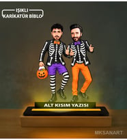 Kişiye Özel Arkadaş Kafasız İskeletlerin Neşeli Karikatürlü 14 cm MDF Işıklı Biblo - Arkadaşa Hediye Arkadaşa Doğum Günü Hediyesi